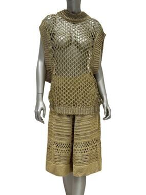 Balmain Gold Open-Knit Top & Bermuda Shorts Set FR 36